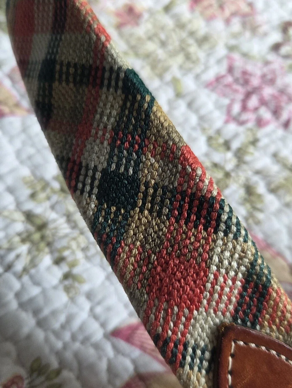 Vintage Plaid Leather Trim Belt in Red, Green, Tan